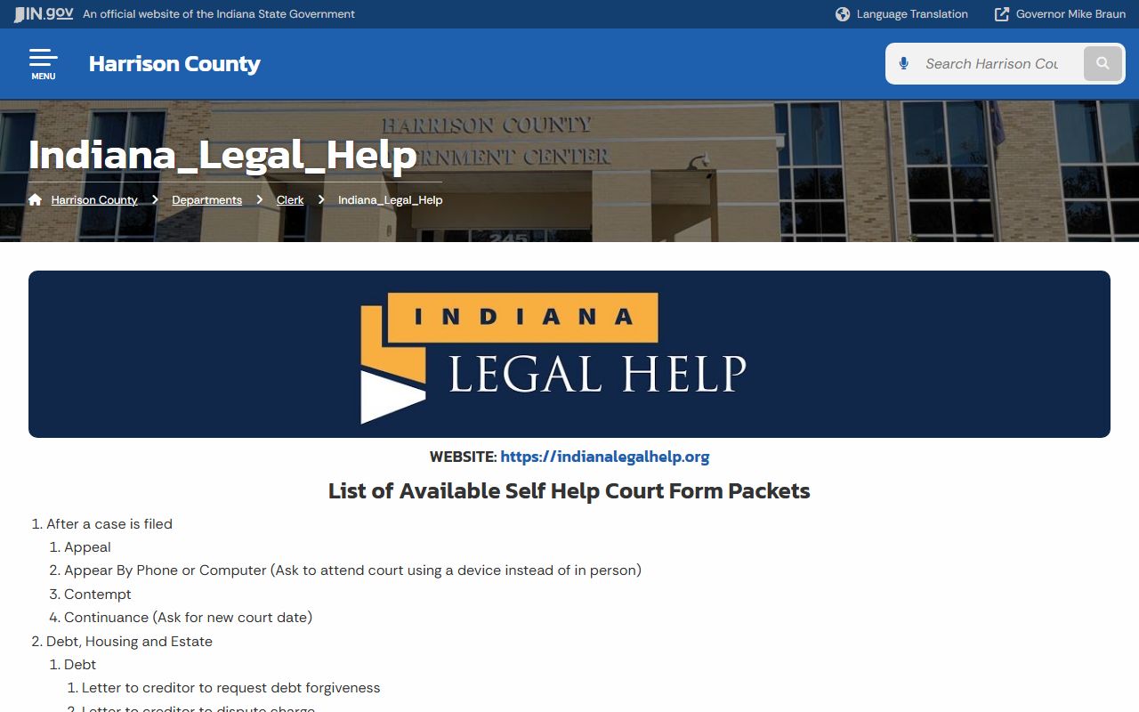 Harrison Clerk Indiana Legal Help packets page