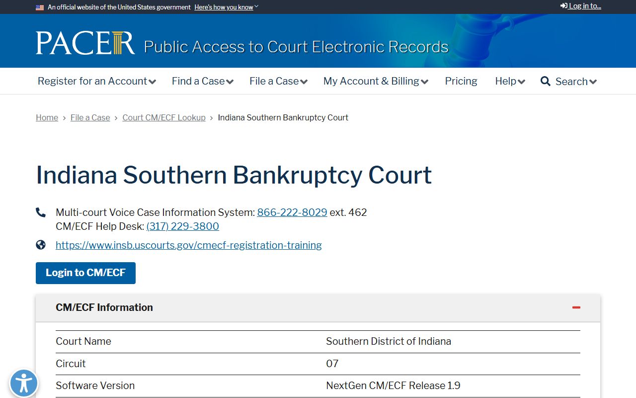 PACER CM/ECF lookup for Southern District of Indiana Bankruptcy Court
