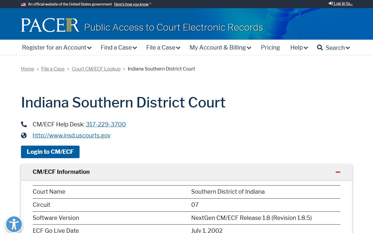 PACER CM/ECF lookup for the Southern District of Indiana