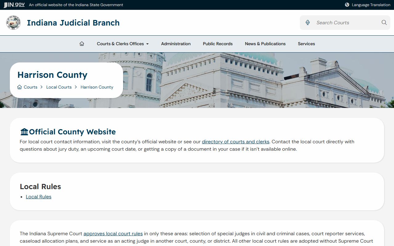 Harrison County court records page from the Indiana Judicial Branch