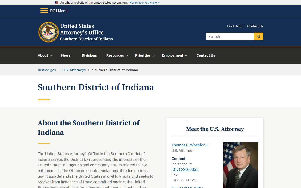 Harrison County federal criminal court context from the U.S. Attorney Southern District of Indiana