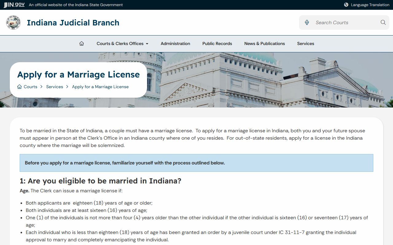 Indiana marriage license application information page