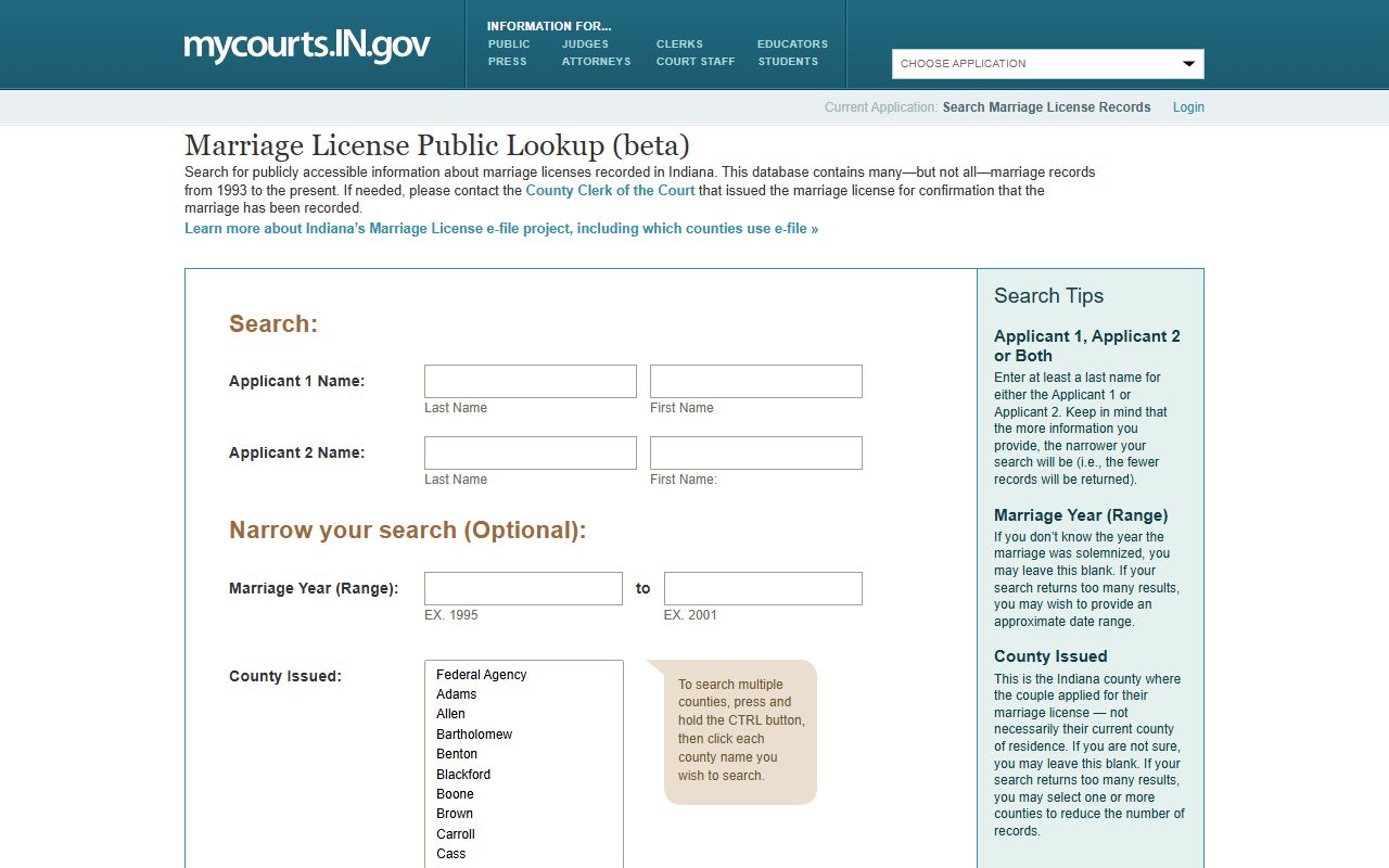 Indiana Marriage License Public Lookup search form