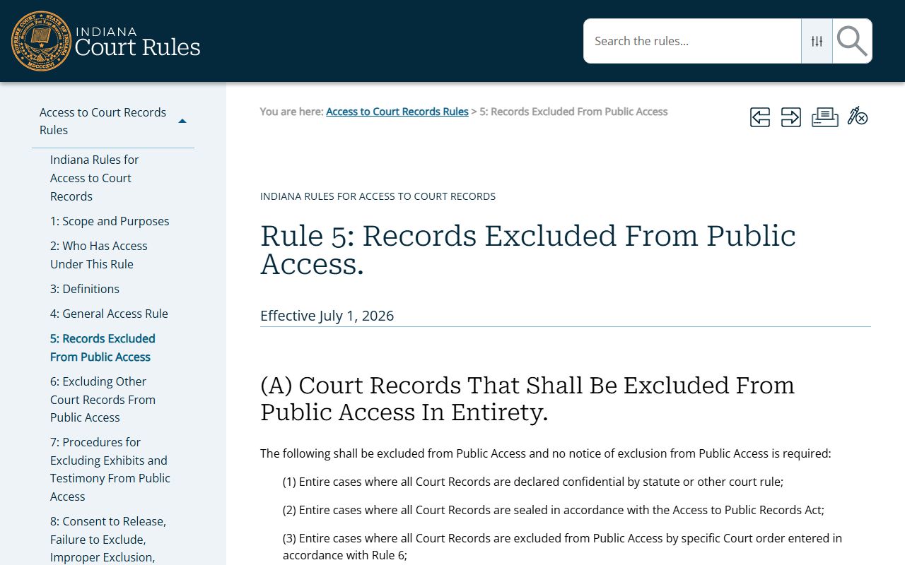 Indiana Access to Court Records Rule 5 page