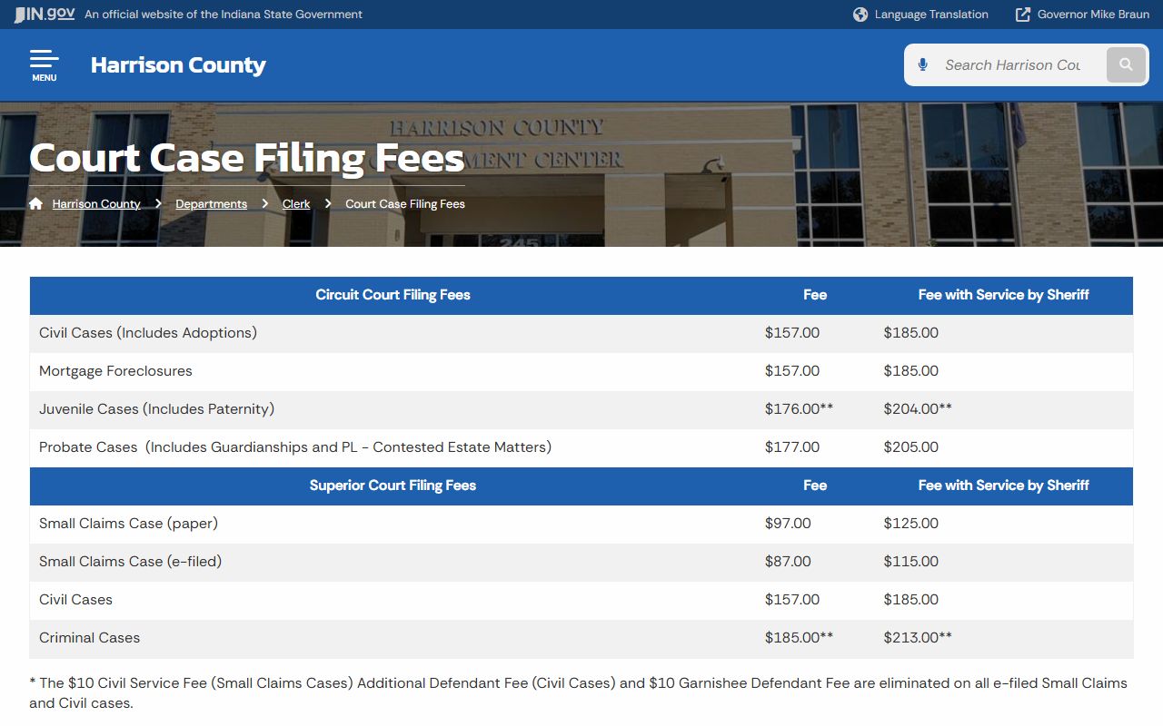 Harrison County court filing fees page
