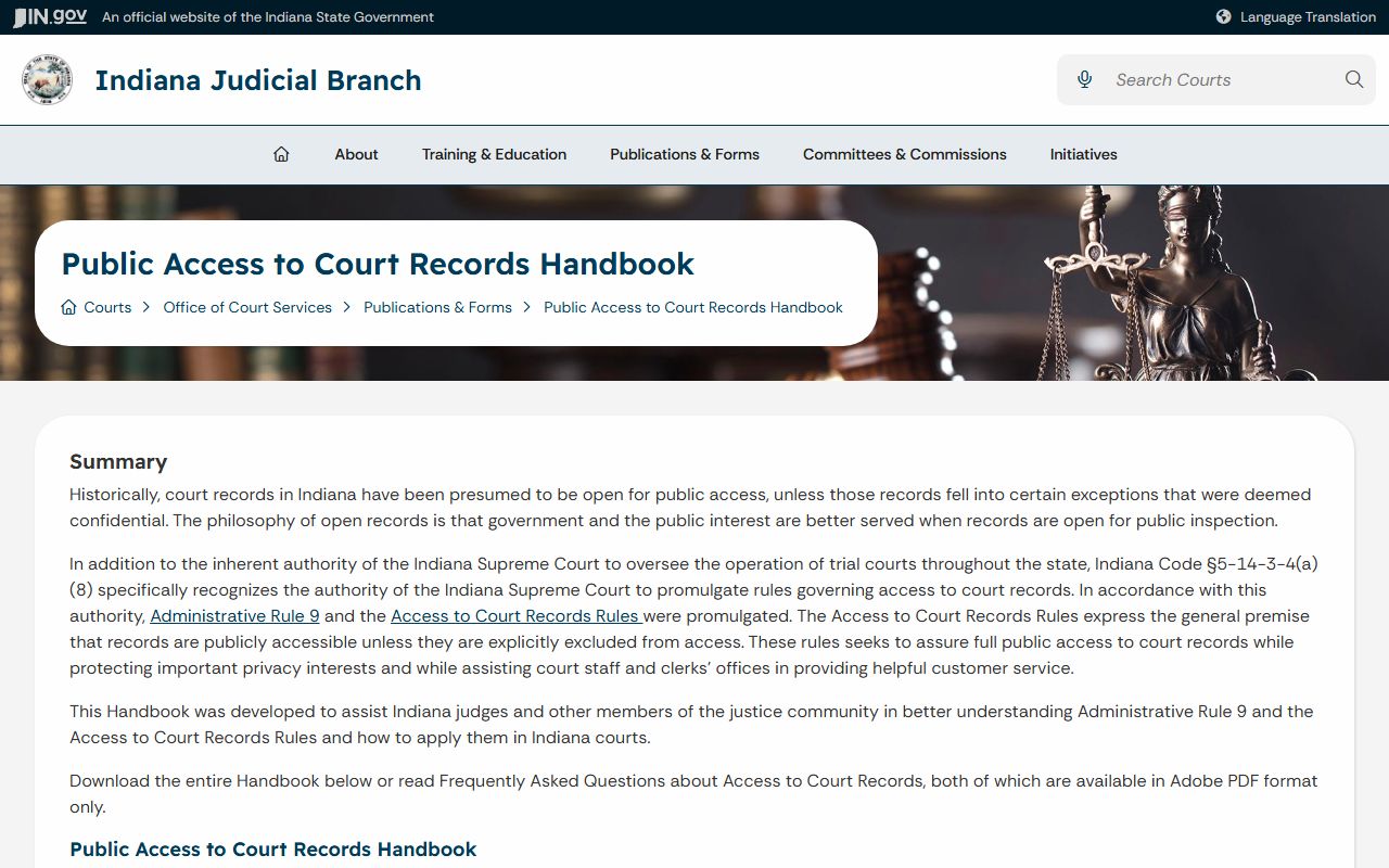 Indiana Public Access to Court Records Handbook page